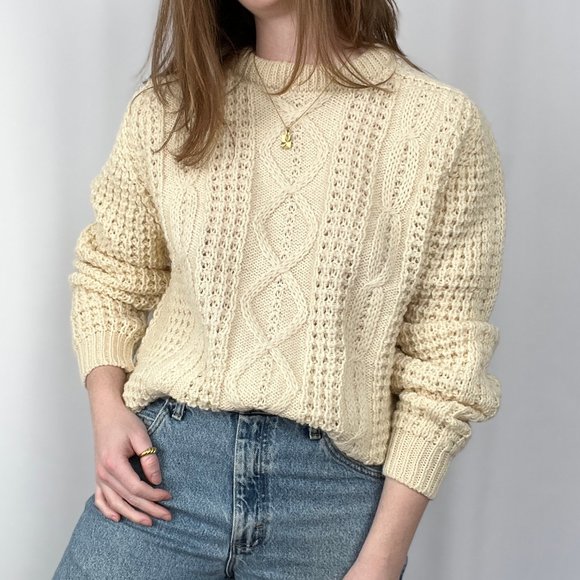 Vintage Aran Cable Knit Made in Ireland Oversized Fisherman Celtic Crew Sweater - Picture 2 of 10